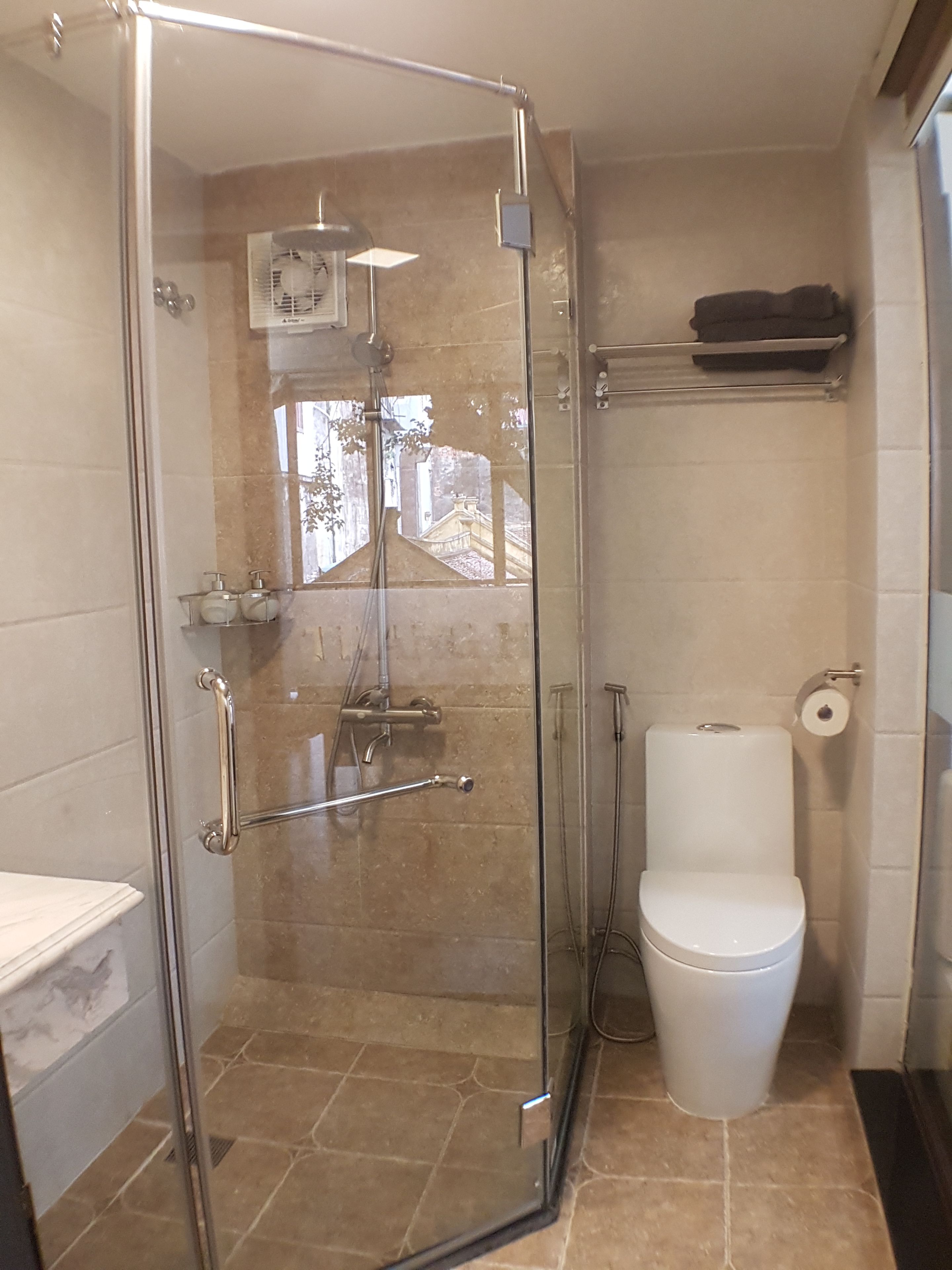 shower, free toiletries, hair dryer, bathrobes