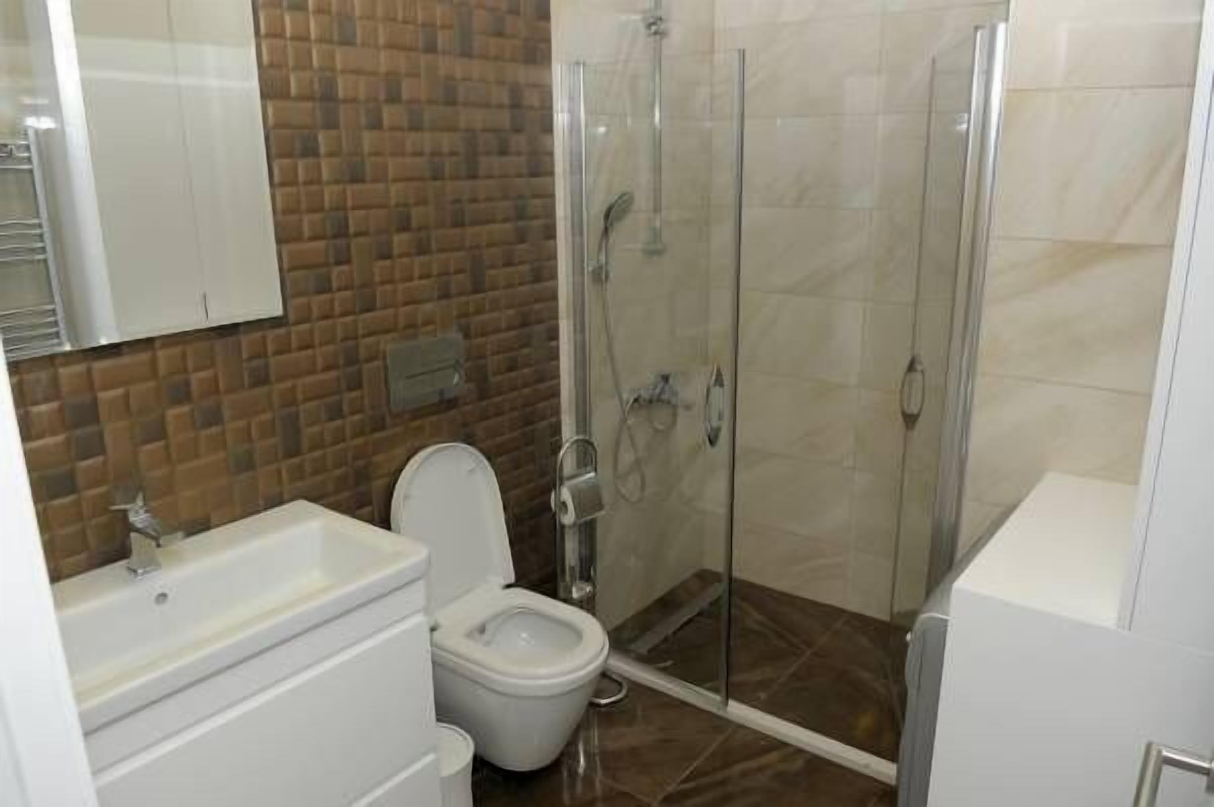 Une salle de bain avec douche, toilettes et lavabo.