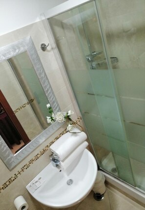 Douche, articles de toilette gratuits, sèche-cheveux, bidet