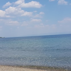 En la playa, sillas reclinables de playa, sombrillas