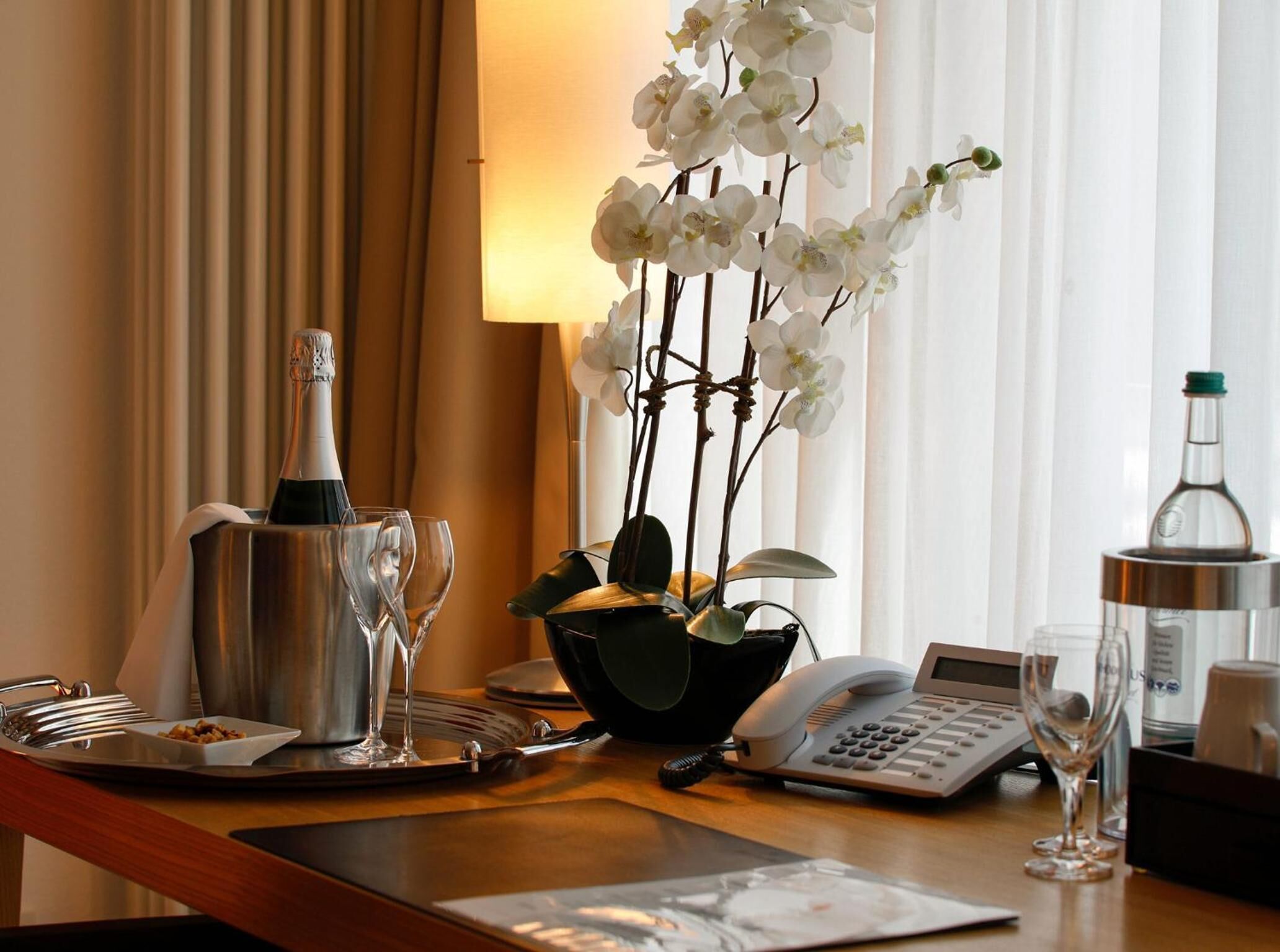 premium bedding, desk, laptop workspace, blackout curtains