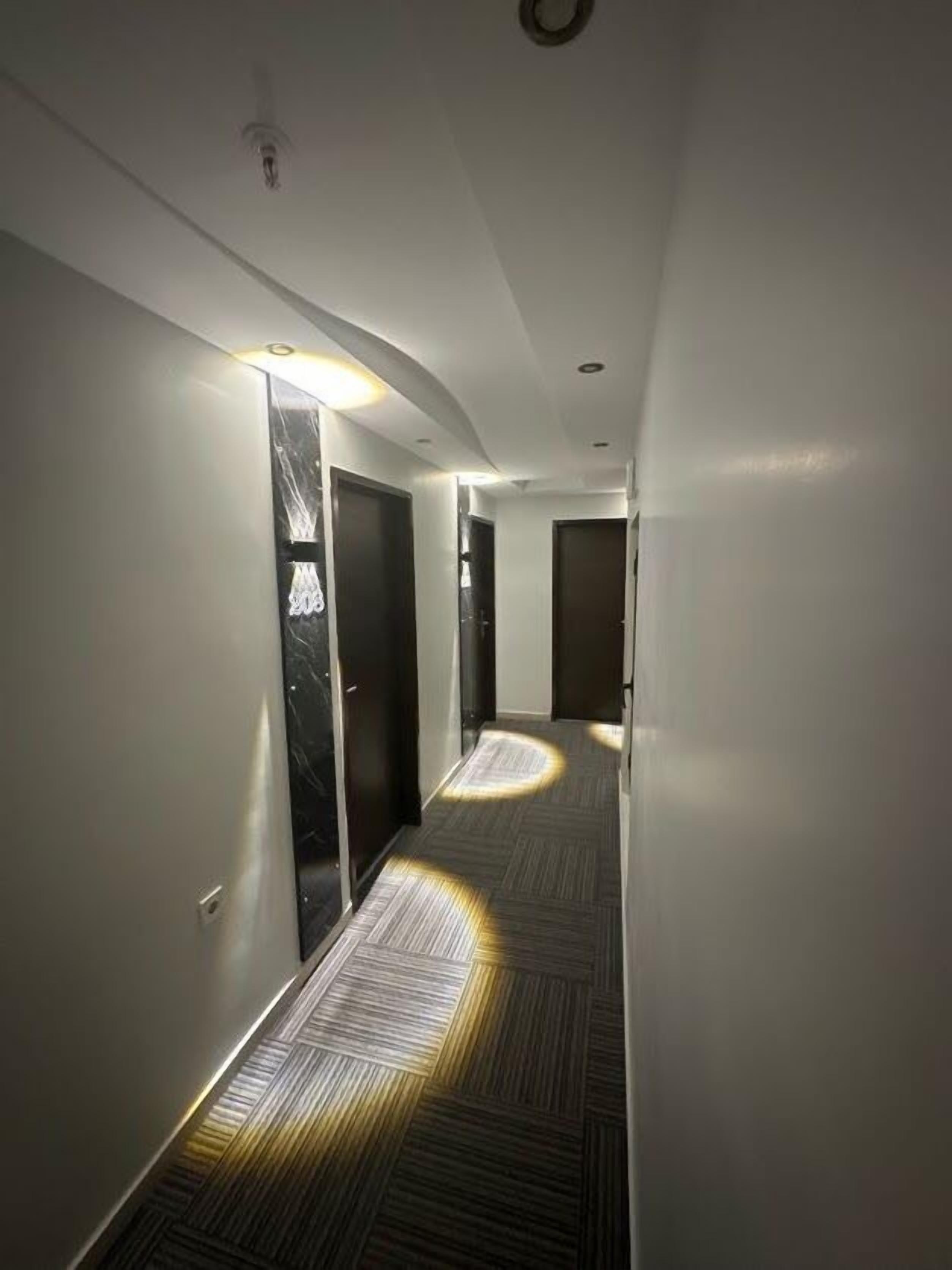 Un corridoio stretto e ben illuminato, con tappeto decorato, porte scure e un lampadario sulla parete sinistra.