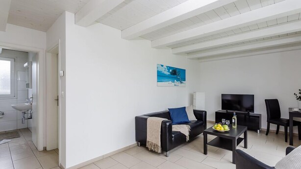 A modern living room with a black sofa, a coffee table, and a TV. There is a painting on the wall and a door leading to a bathroom. - Swiss Star Residences (Zürich)