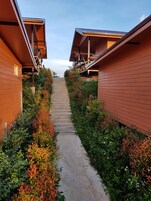 Un sendero que lleva a un edificio con techo inclinado y revestimiento de madera.