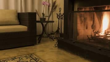 A cozy living room with a sofa, a small table with a potted plant, and a fireplace.