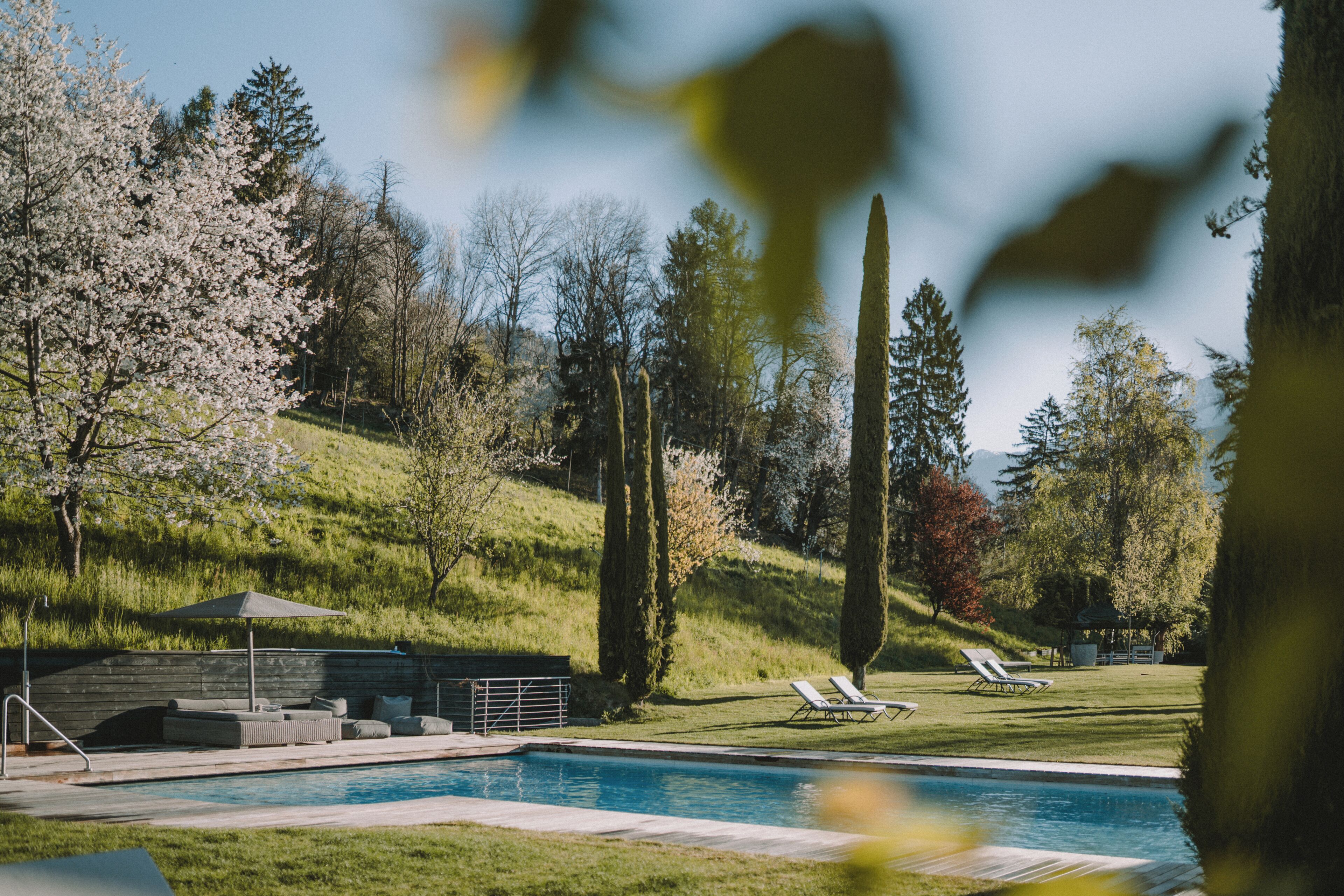 Una piscina con sillas de descanso, una zona de estar techada y una colina cubierta de césped con árboles.
