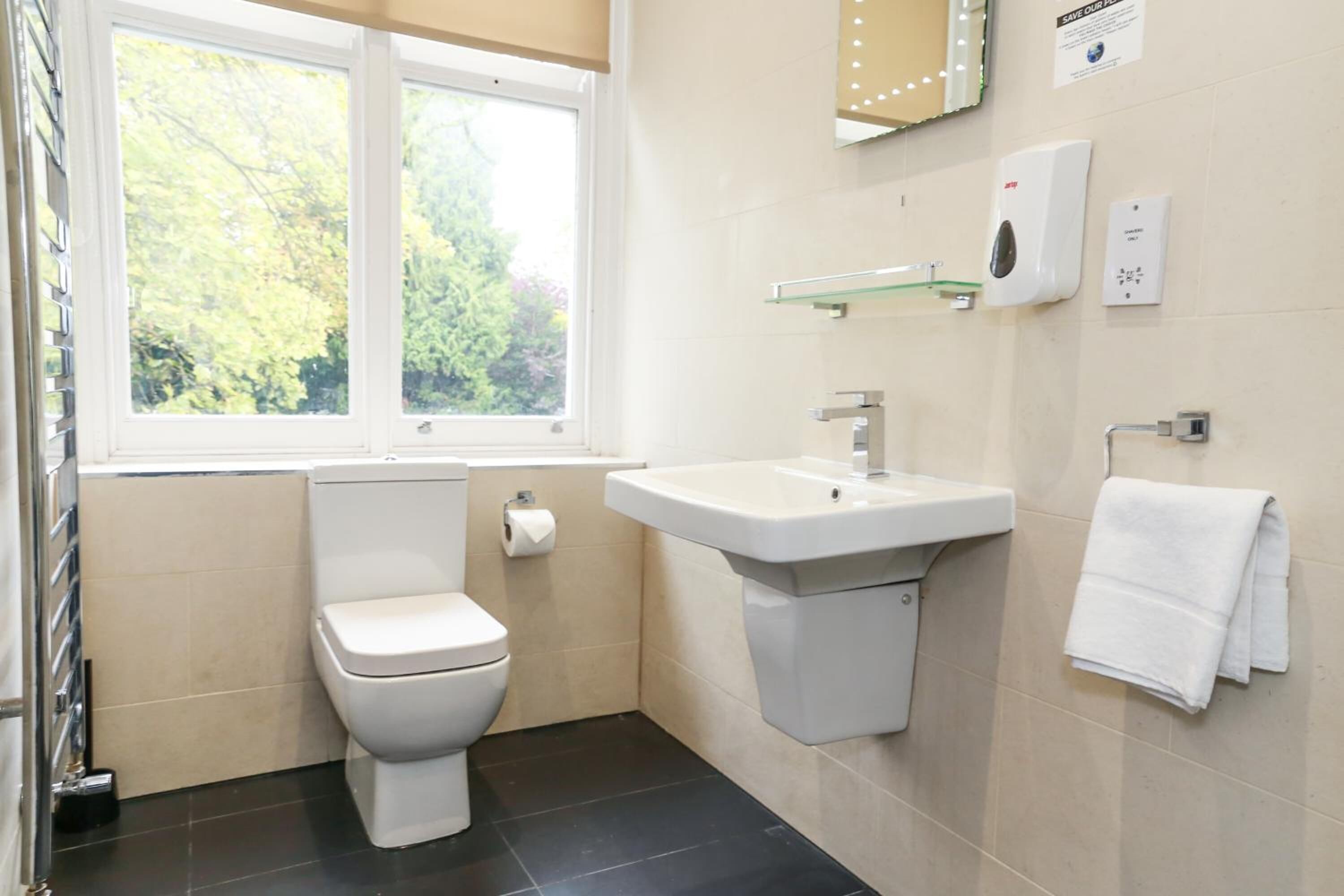 shower, free toiletries, hair dryer, towels