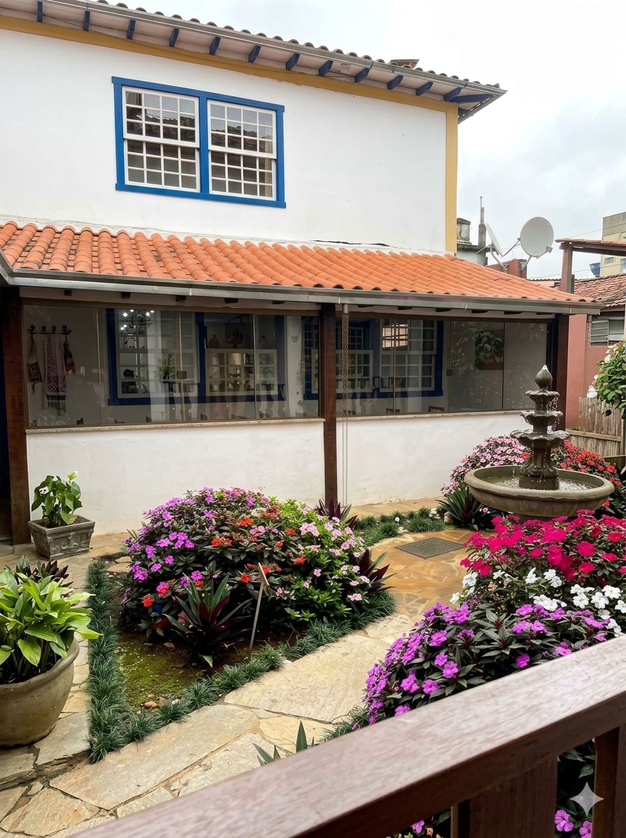 Une cour avec une fontaine, des plantes en pot et un bâtiment doté d’un toit en tuiles et de fenêtres à cadre bleu.