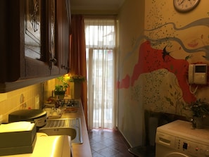 Une cuisine équipée d’un lave-linge Bosch, d’un évier, d’une cuisinière et d’une fenêtre avec des rideaux.