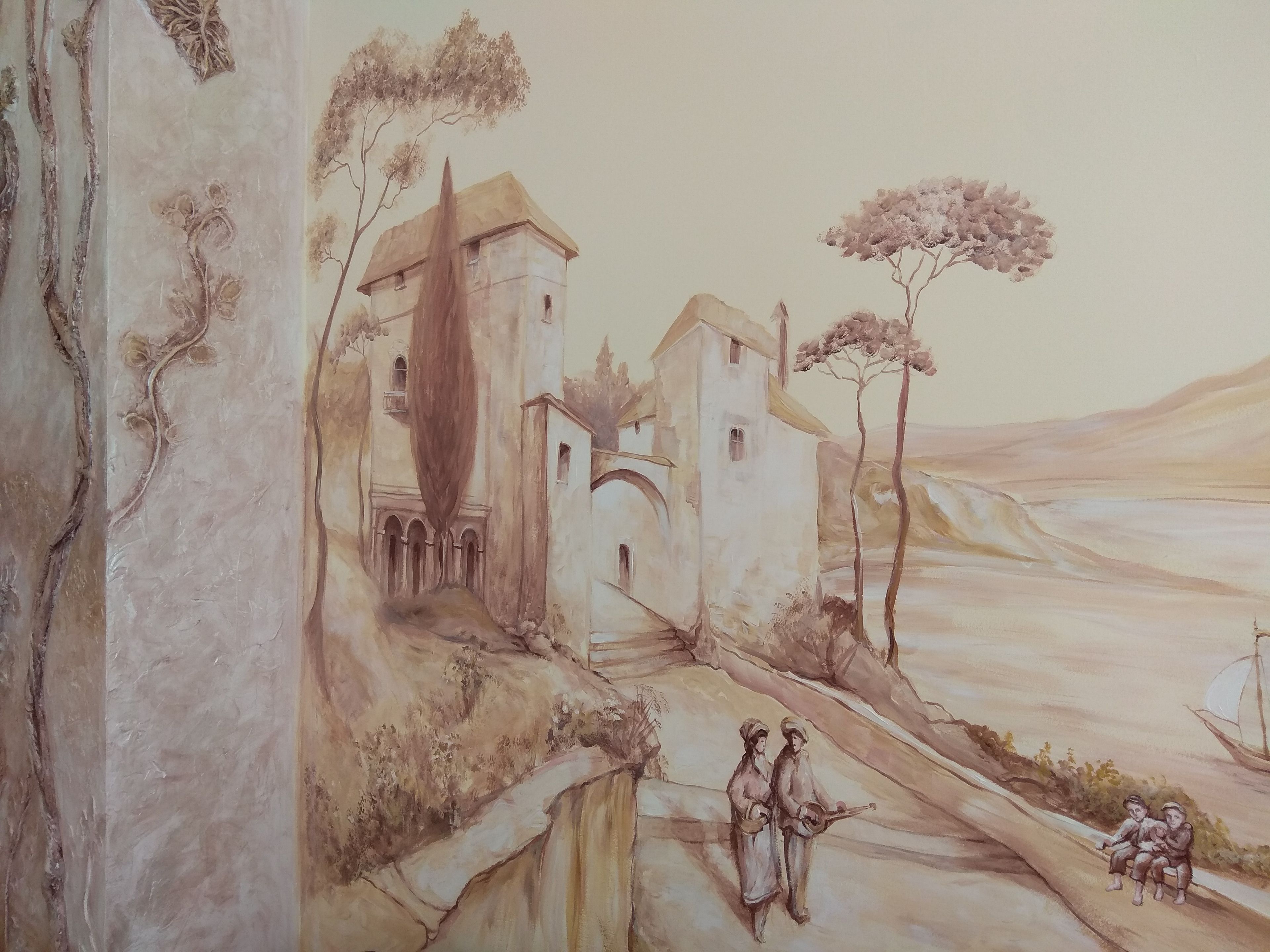 A mural of a rural landscape with a building, trees, and people.