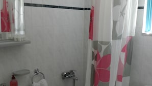 Une salle de bain équipée d’une douche, de toilettes, d’un lavabo et d’un miroir.