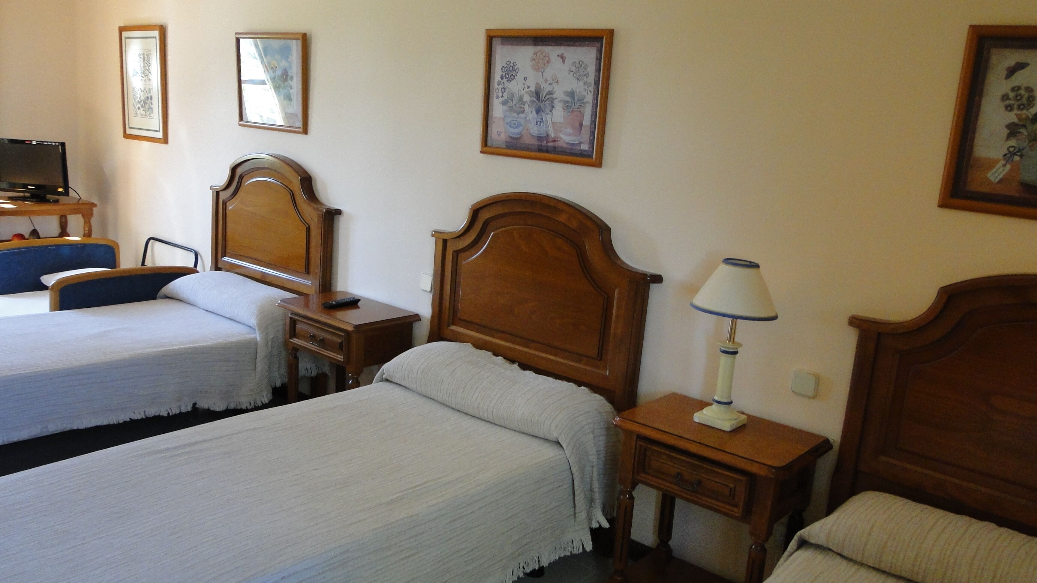 A hotel room with two single beds, a bedside table with a lamp, a TV on a stand, and framed artwork on the walls.