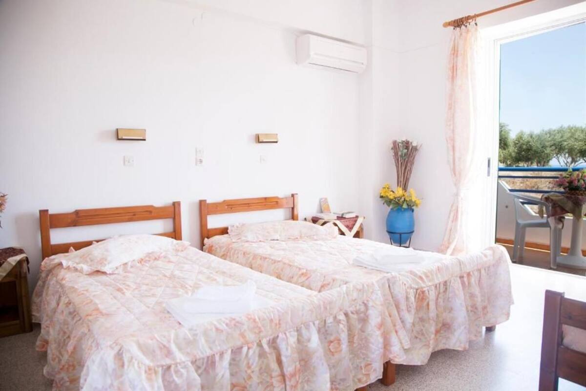 Une chambre avec deux lits, une fenêtre donnant sur un beau paysage, un appareil de climatisation et une petite table sur laquelle est posé un vase.