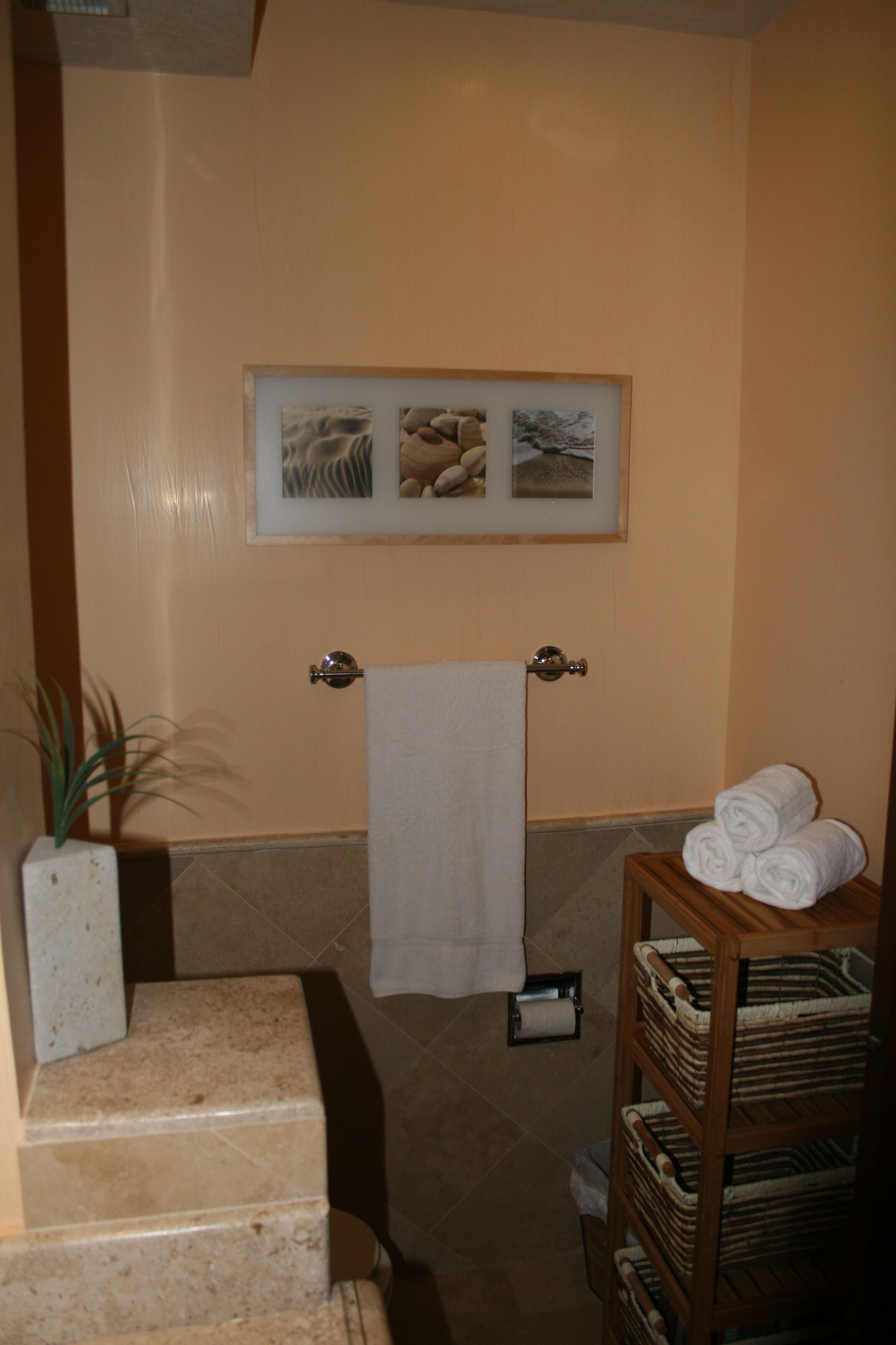 A bathroom with a white towel hanging on a rack, a framed picture on the wall, and a small plant in a white pot.