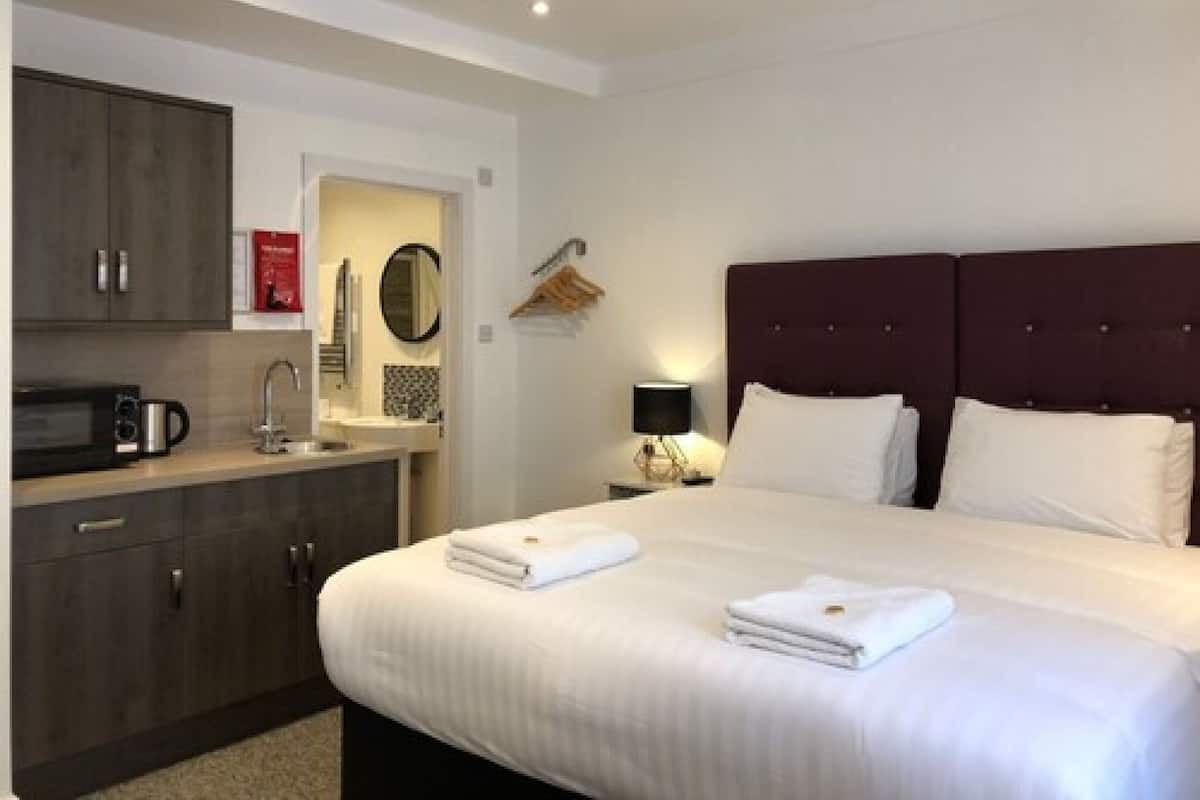 Una camera d'albergo con un letto grande, un angolo cottura piccolo e un bagno.