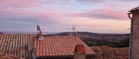 A rooftop with terracotta tiles, satellite dishes, and a wind turbine.