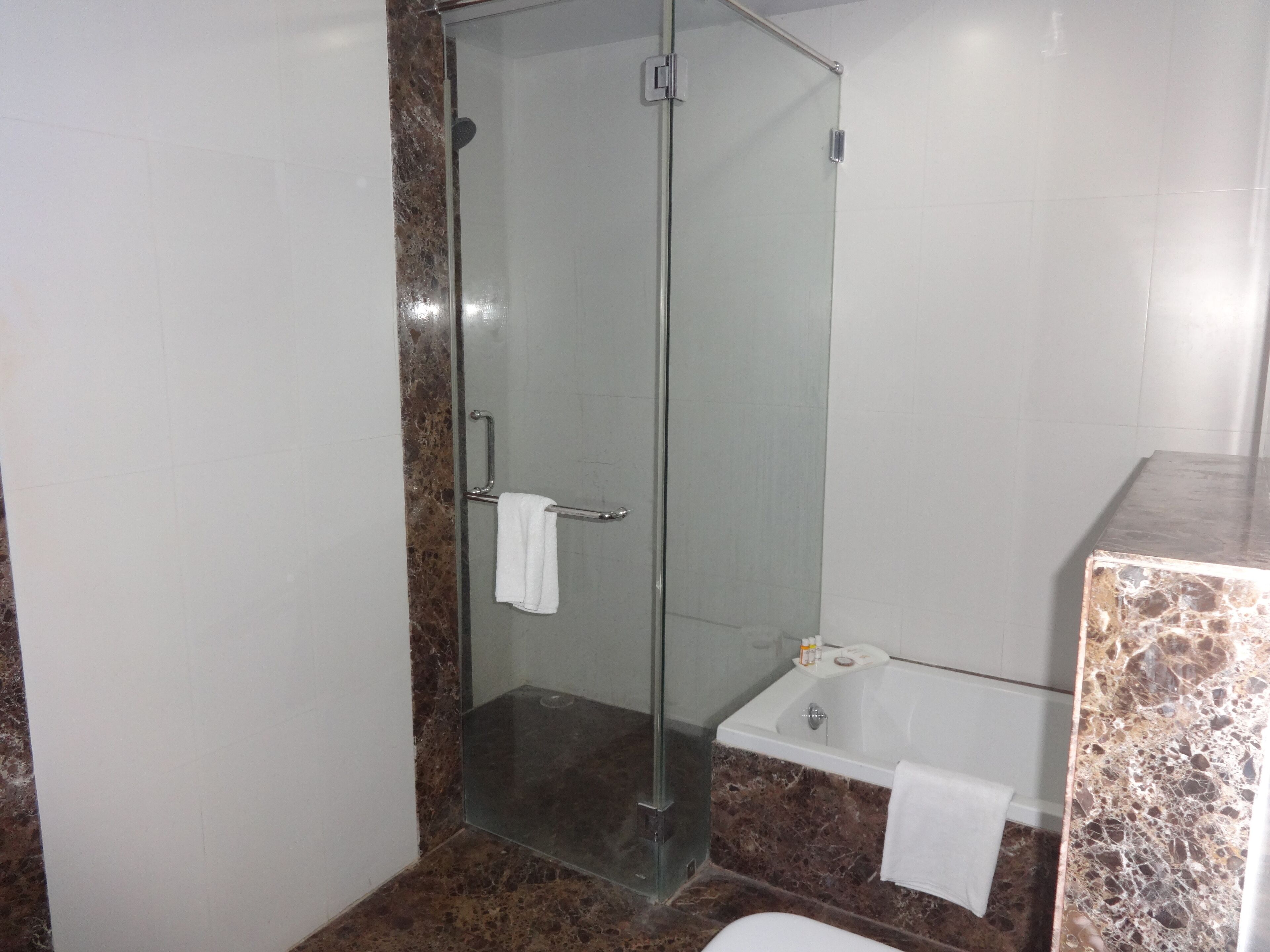 Een badkamer met een douche met glazen wand, een wit bad en een marmeren aanrechtblad.