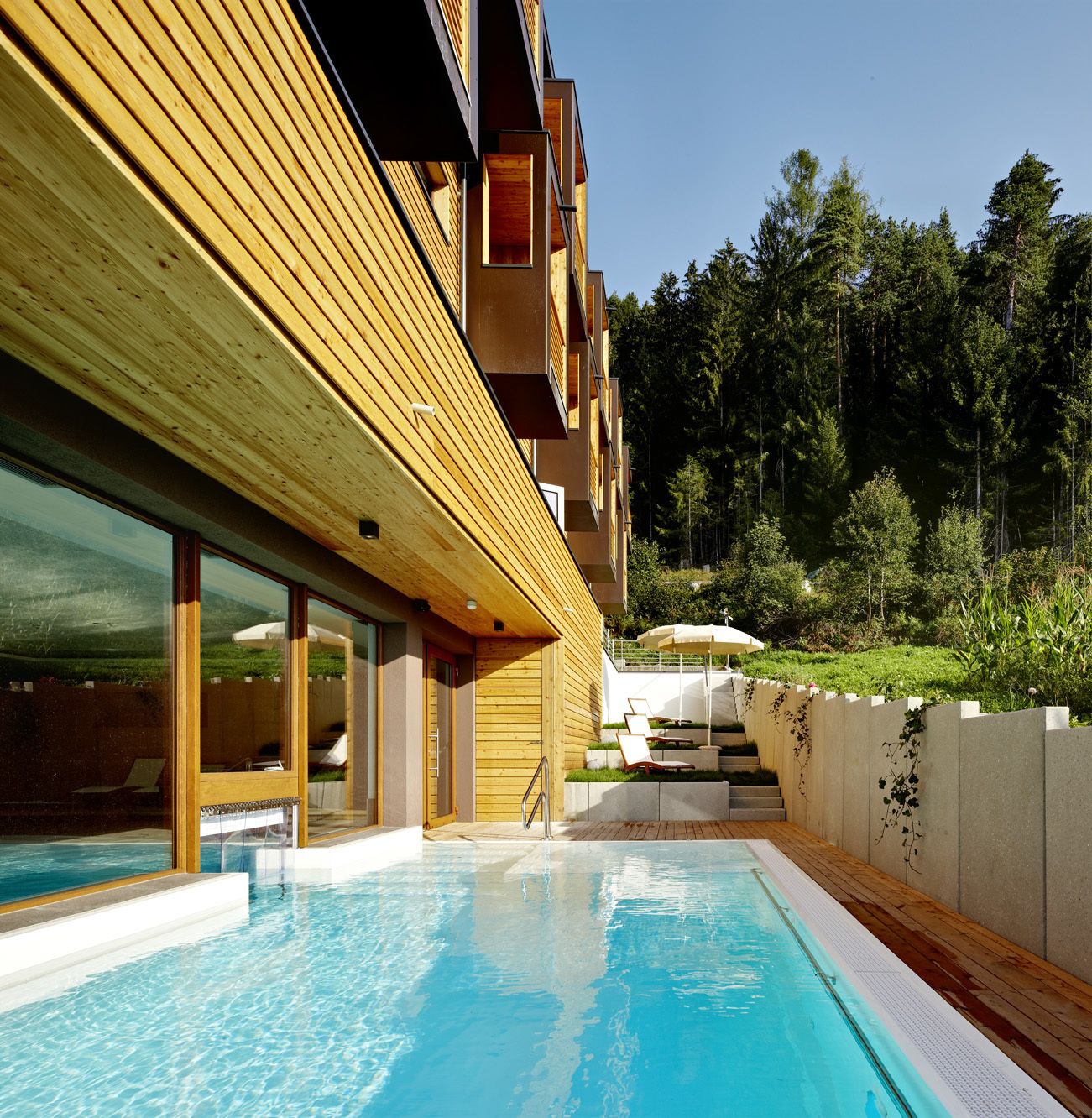 A modern building with a wooden exterior, a swimming pool, and a view of a forested area.