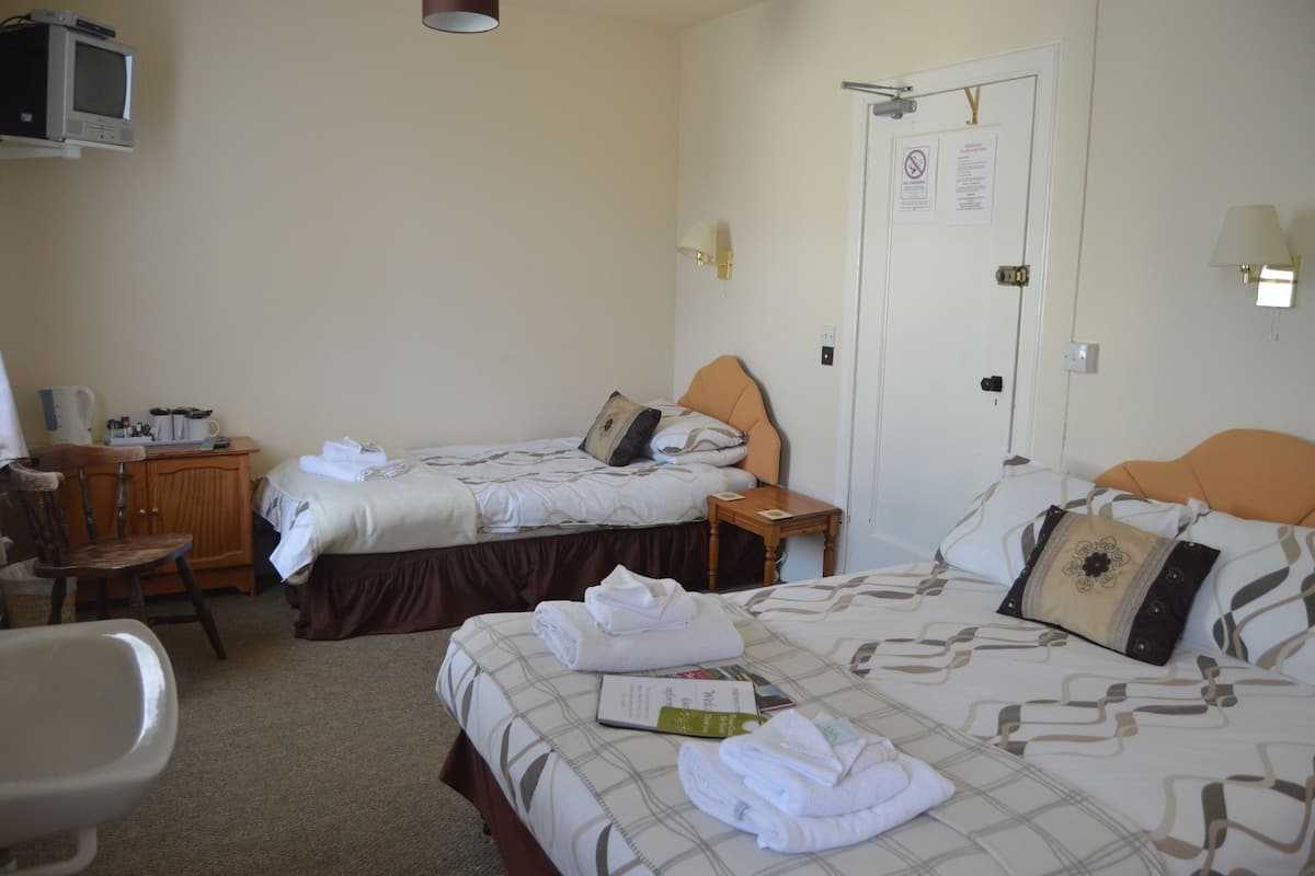 A hotel room with two beds, a desk, a chair, and a television.