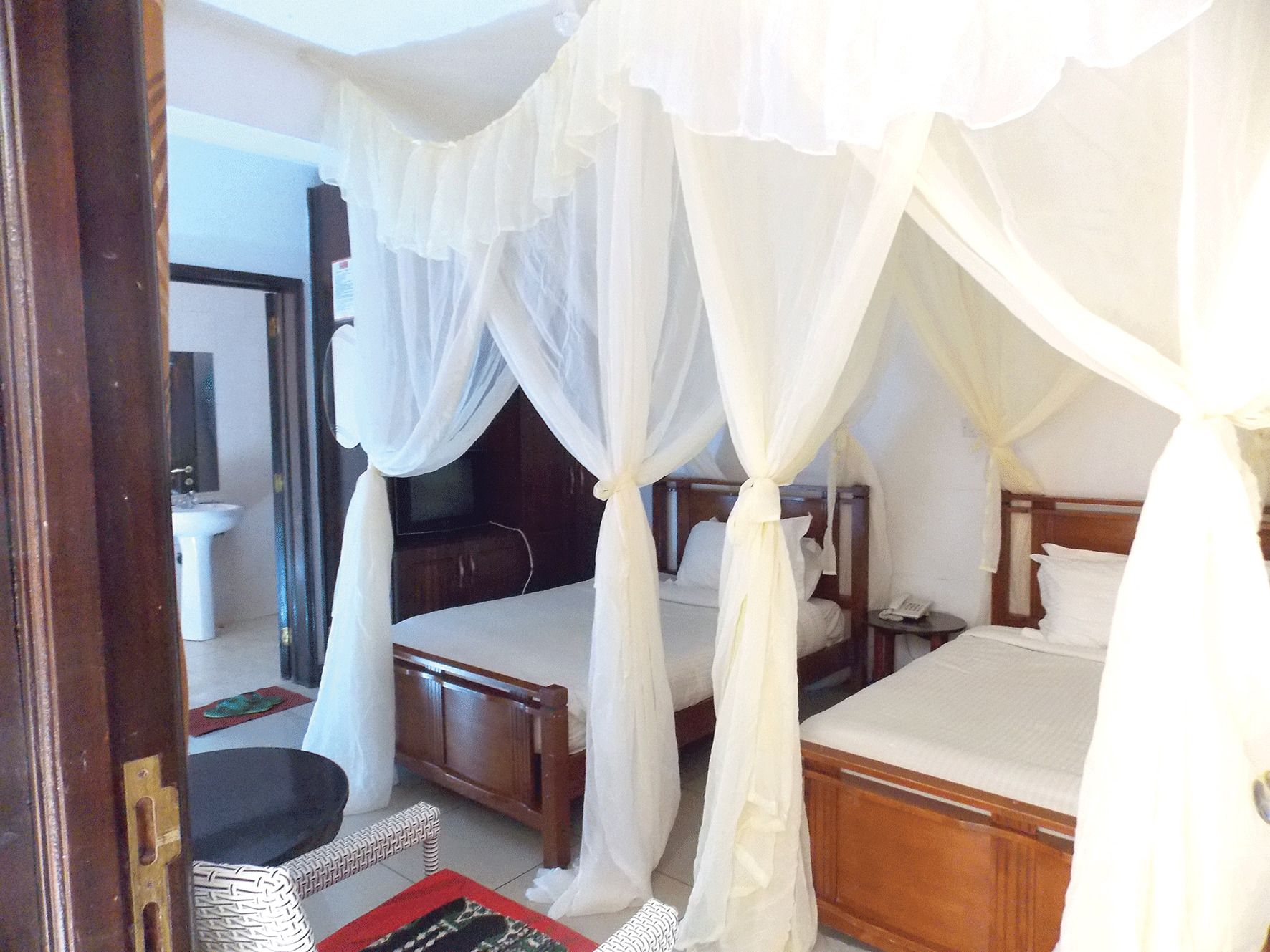 Una habitación con una cama bajo un dosel, una mesita de noche, una silla y un televisor.