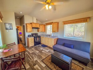 Un espacio habitable compacto con kitchenette, comedor y zona de estar.