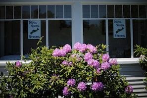 Nova Scotia Strong signs adorn the traditional facade, surrounded by lush greenery and vibrant flowers.