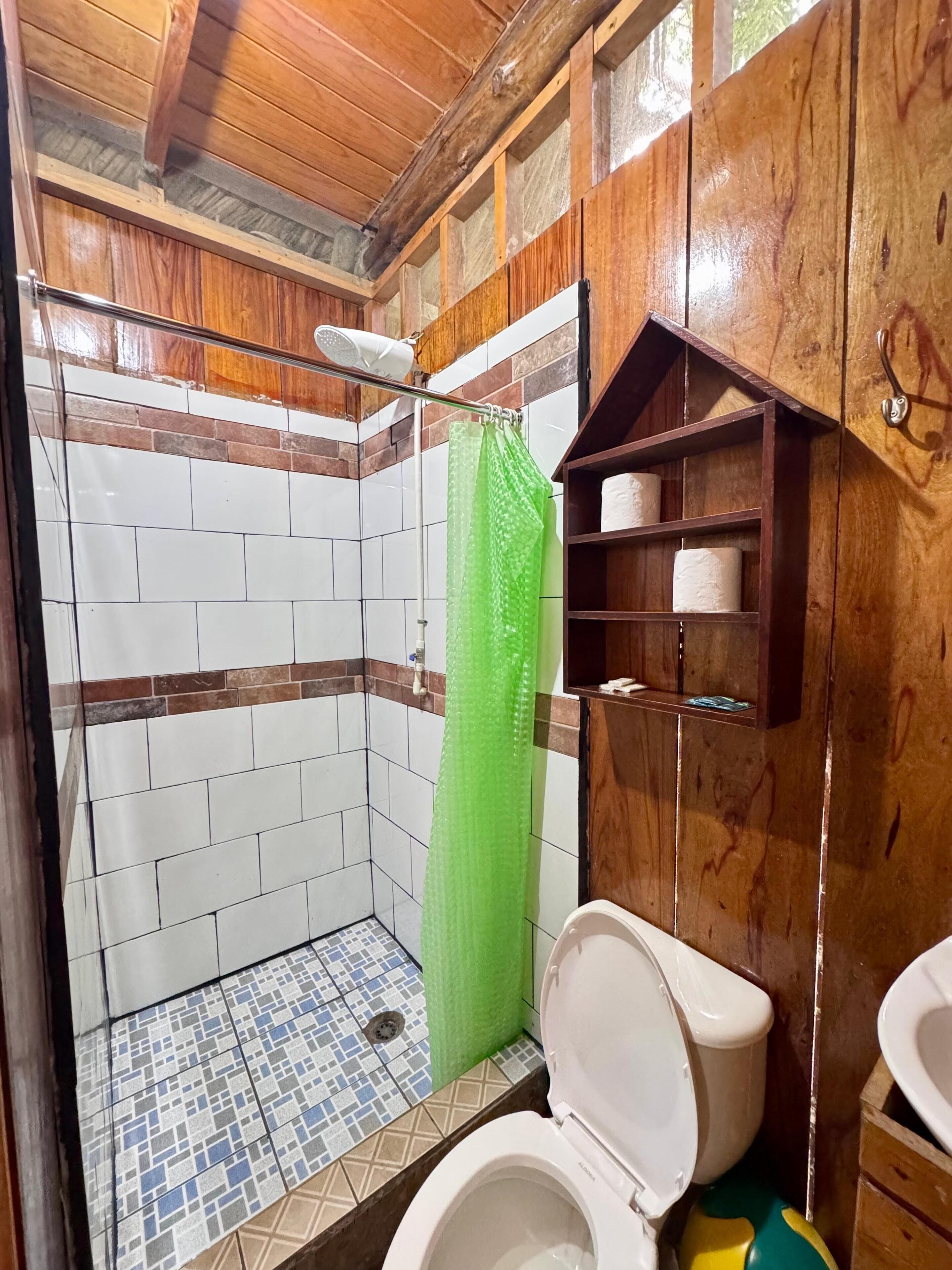 A bathroom with a shower, toilet, and a shelf with toilet paper.
