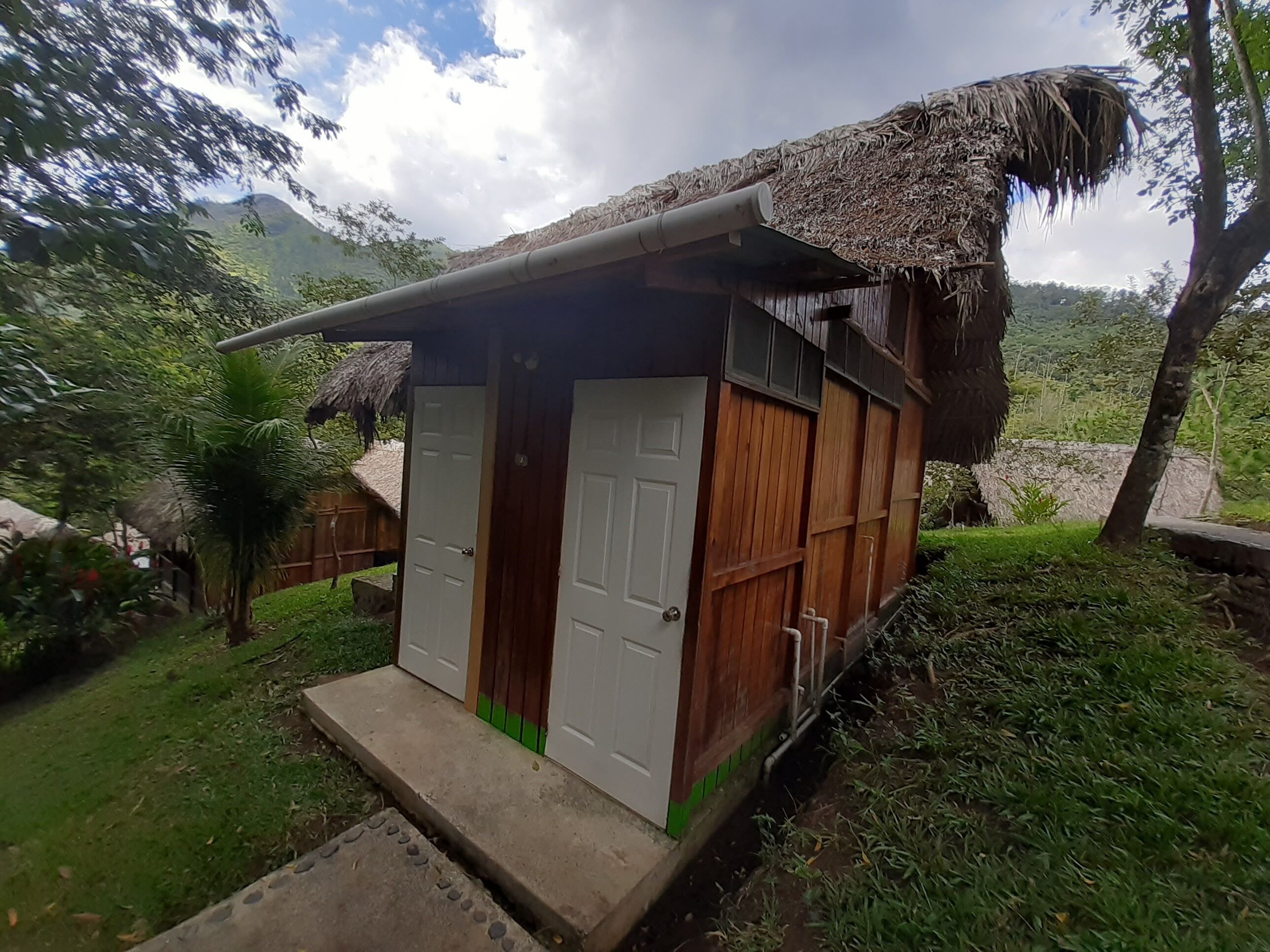 Una pequeña construcción de madera con techo de paja, una puerta y una ventana.