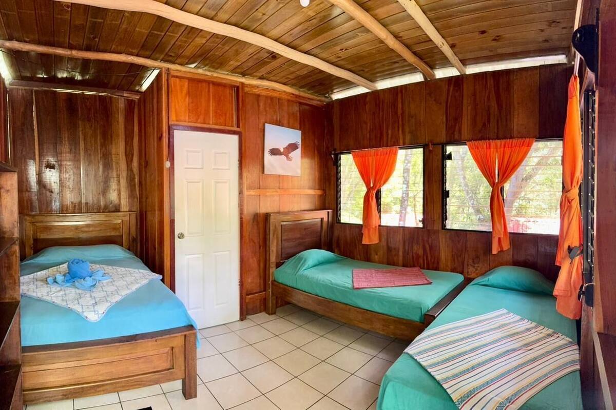 Une cabane en bois avec deux lits simples, une porte et une fenêtre avec des rideaux.