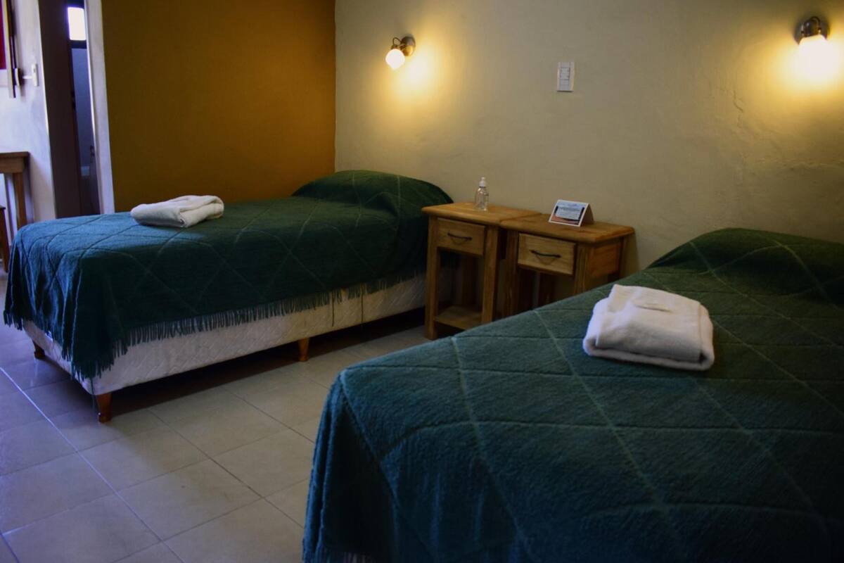 Quarto de hotel com duas camas de solteiro, cada uma com um edredom verde e uma toalha branca dobrada. Há uma mesa de cabeceira de madeira com uma garrafa e um cartão em cima.