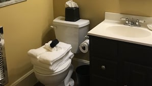Ein Badezimmer mit Toilette, Waschbecken, Spiegel und Mülleimer.