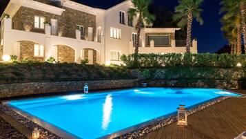 A modern two-story house with a swimming pool, stone facade, and palm trees.