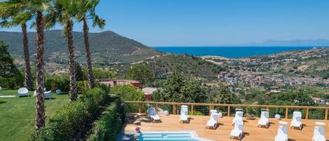 Seasonal outdoor pool, pool umbrellas, sun loungers