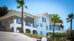 A multi-story house with a stone facade, a tiled roof, and a landscaped garden with palm trees and flowering plants. - La Frescura del Principe (Agropoli)