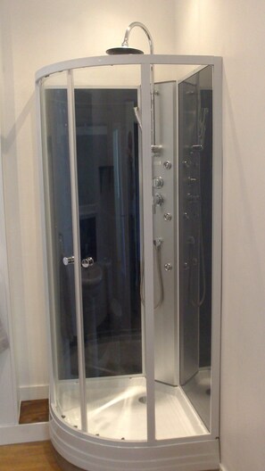 Shower, hair dryer, towels, toilet paper
