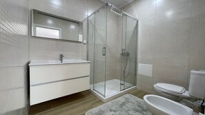 Combined shower/tub, hair dryer, towels, toilet paper