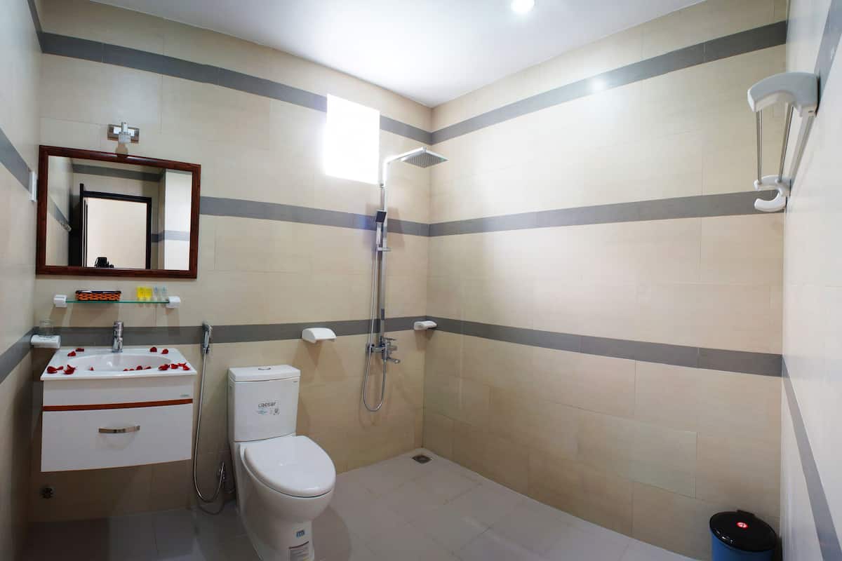 Shower, free toiletries, hair dryer, slippers