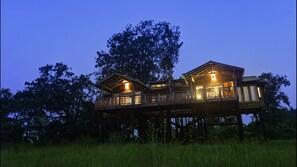 A wooden cabin with a balcony, surrounded by trees. - Pugdundee Safari- Denwa Backwater Escape (Sohagpur)