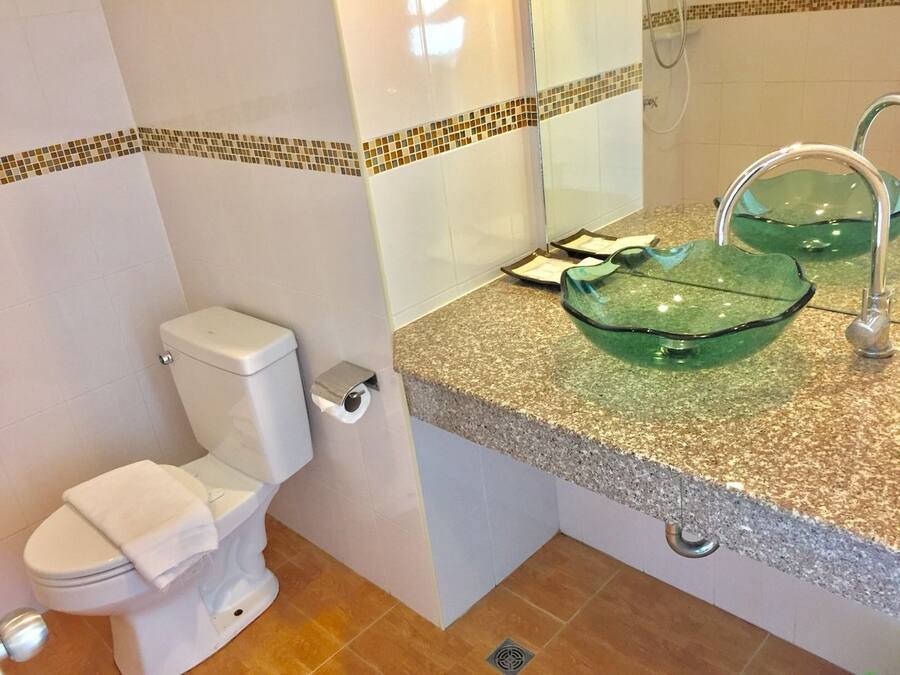 A bathroom with a toilet, a glass sink, and a shower.