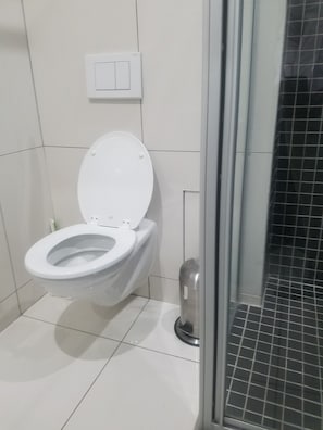 A bathroom with a white toilet, a trash bin, and a shower area with a glass door. - 77 On Independence Windhoek (Windhoek)