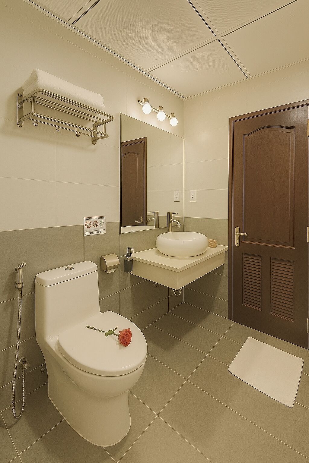 Un baño con inodoro, bidé, lavamanos y un espejo.