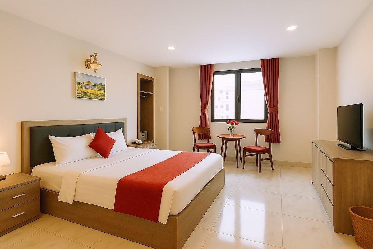 A hotel room with a bed, bedside table, TV, and a small table with chairs.