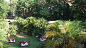 A lush garden with palm trees, a covered outdoor seating area, and a small building. - Hill 'N' You - A Boutique Garden Resort (Abu Road)
