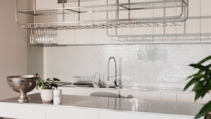 A modern kitchen with a stainless steel sink, a metal drying rack, and a potted plant on the counter. - H Hotel (Fukuoka)