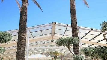 Seasonal outdoor pool, sun loungers