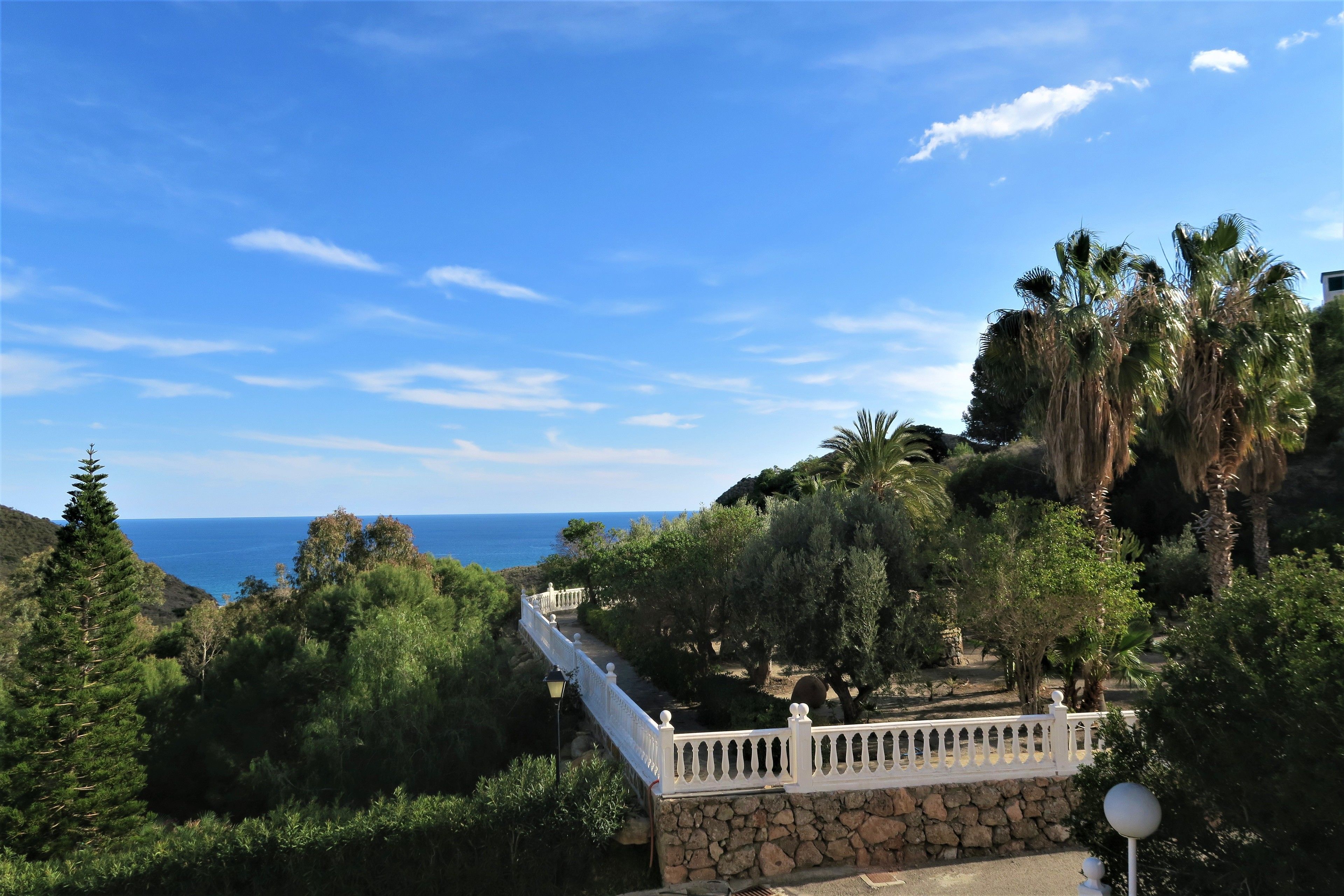 A stone pathway leading to a white railing overlooking a coastal landscape with trees and a clear sky.