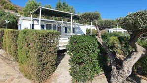 Une maison mobile blanche, dotée d’un porche abrité, entourée d’une végétation luxuriante et bordée d’un chemin en pierre.