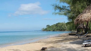 Una playa con una estructura de techo de paja y sillas de descanso.