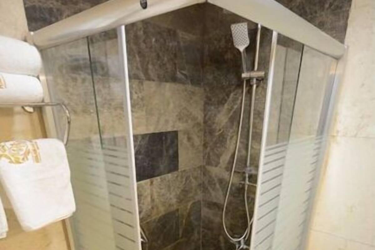 A glass-enclosed shower with a white toilet and marble walls.