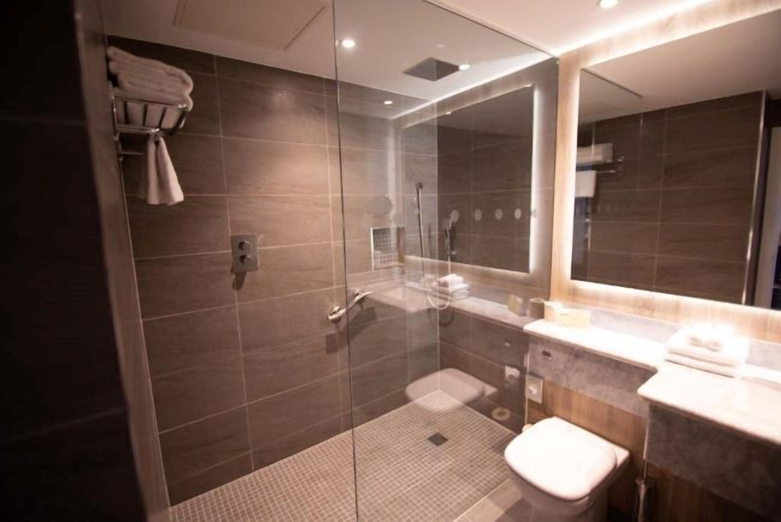 A modern bathroom with a glass-enclosed shower, a toilet, and a vanity with a mirror.